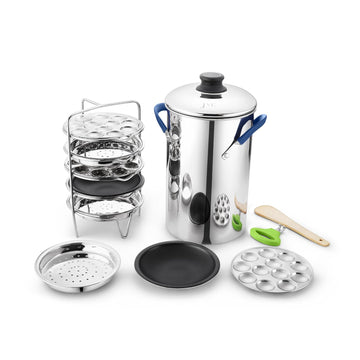 JVL Stainless Steel multi purpose Thatte Idly, Idiyappam/Dhokla, and Mini Idly Maker (Full Set) – Includes 1 Idly Cooker, 5 Thatte Idly Plates, 5 Idiyappam/Dhokla Plates, 5 Mini Idly Plates & only 1 single Stand