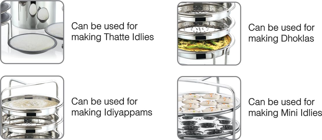 JVL Stainless Steel multi purpose Thatte Idly, Idiyappam/Dhokla, and Mini Idly Maker (Full Set) – Includes 1 Idly Cooker, 5 Thatte Idly Plates, 5 Idiyappam/Dhokla Plates, 5 Mini Idly Plates & only 1 single Stand