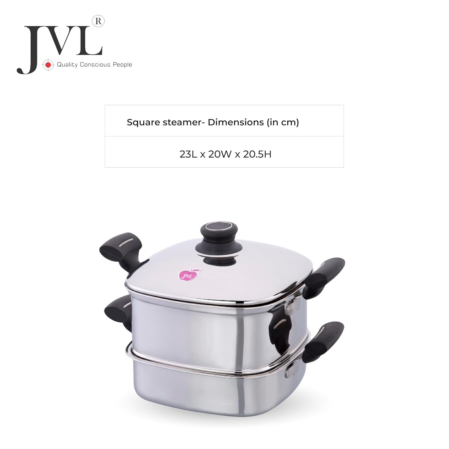 JVL Stainless Steel Square Steamer Combo with Lid, Steamer Section, Bottom Container, Stand, 3 Idli Plates, 3 Dhokla Plates & Lifter 3-Tier Stackable Design for Healthy Steaming – Gas and Induction Compatible & Mirror Finish