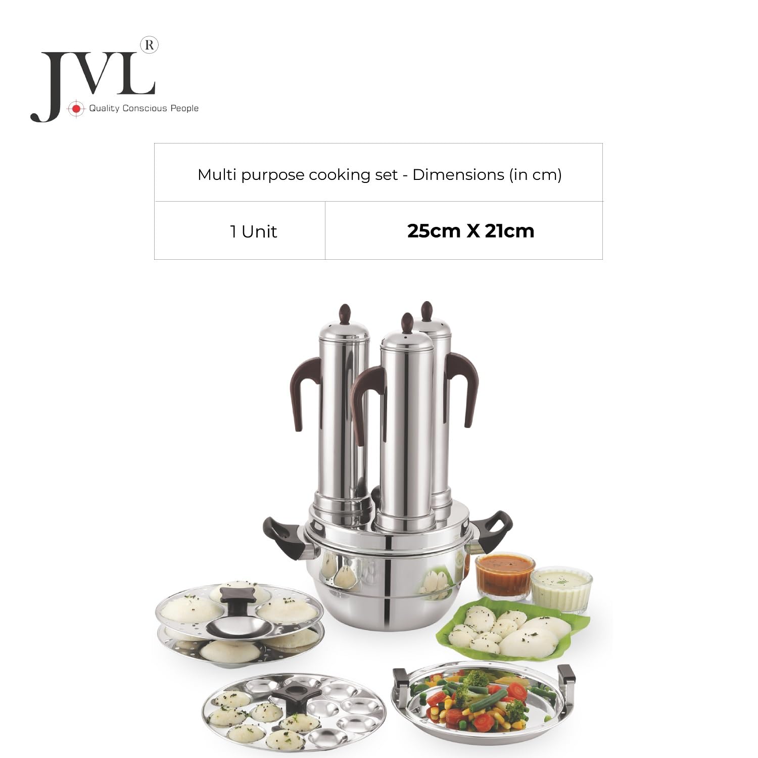 JVL Stainless Steel Puttu Maker (Stainless Steel, 3 Puttu, 2 Idly, 1 Mini Idly & Dhokla Plates), 5 liter, Silver