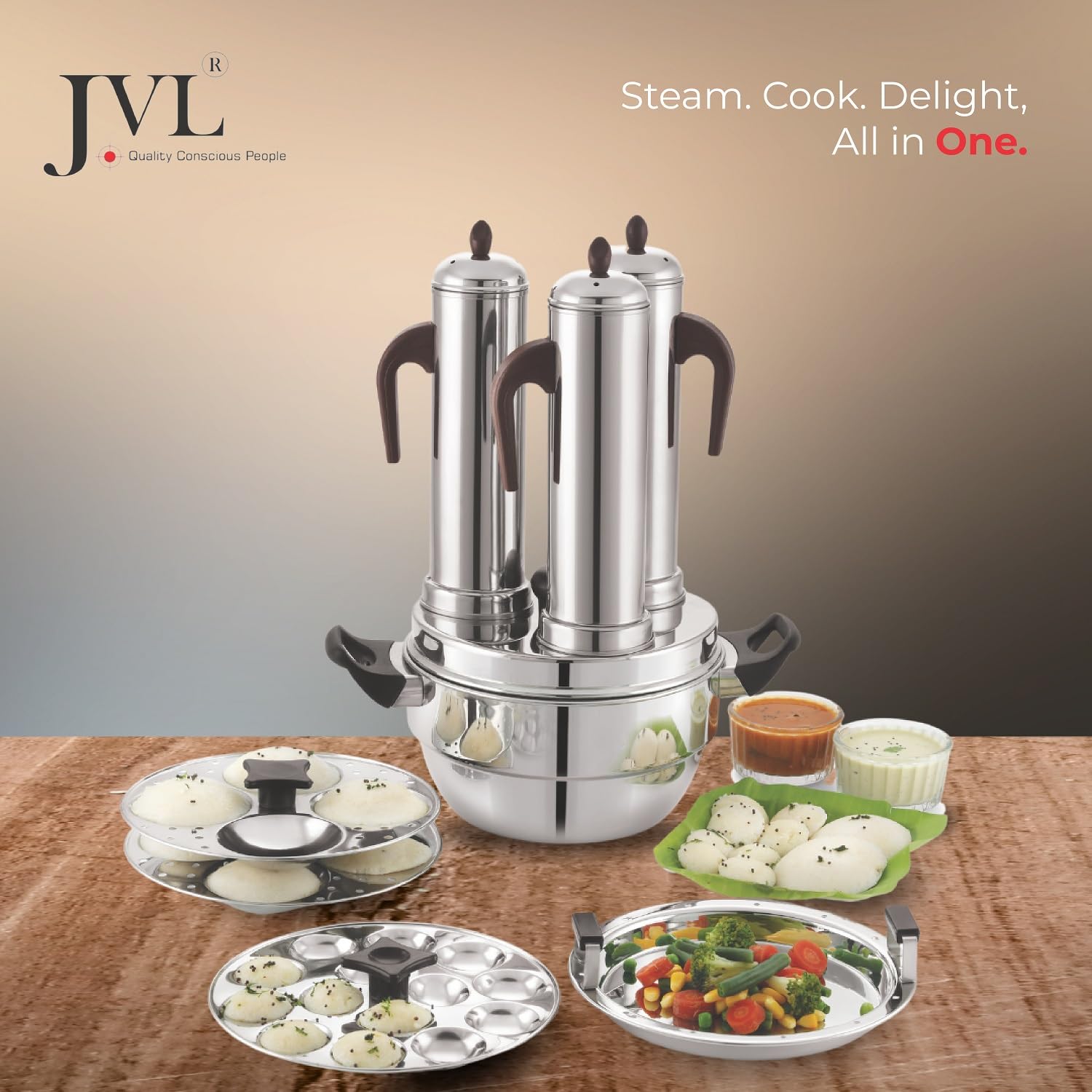 JVL Stainless Steel Puttu Maker (Stainless Steel, 3 Puttu, 2 Idly, 1 Mini Idly & Dhokla Plates), 5 liter, Silver
