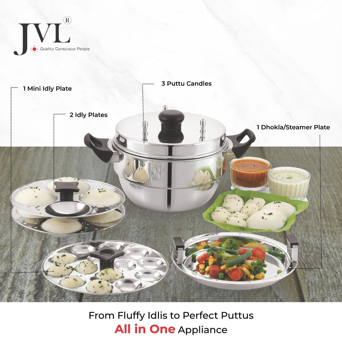 JVL Stainless Steel Puttu Maker (Stainless Steel, 3 Puttu, 2 Idly, 1 Mini Idly & Dhokla Plates), 5 liter, Silver