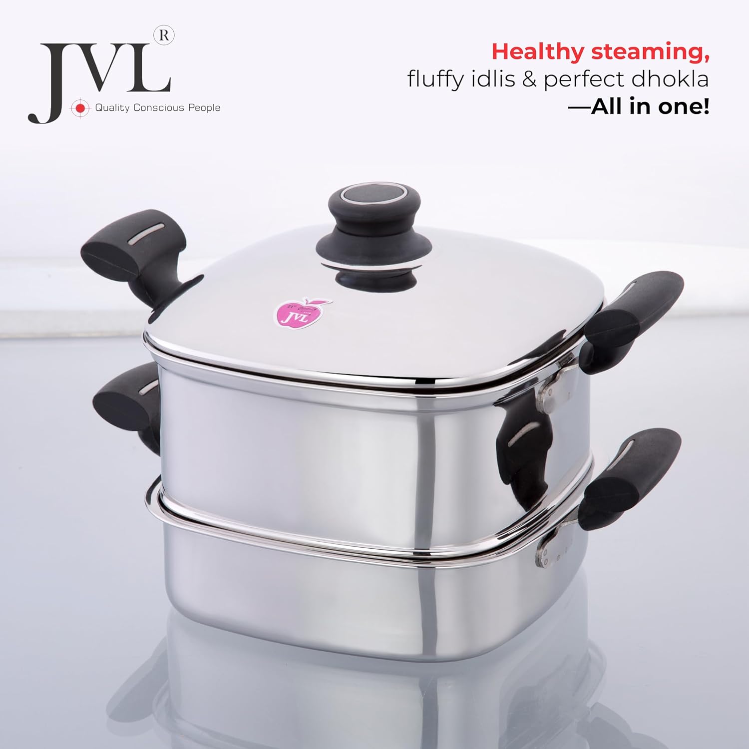 JVL Stainless Steel Square Steamer Combo with Lid, Steamer Section, Bottom Container, Stand, 3 Idli Plates, 3 Dhokla Plates & Lifter 3-Tier Stackable Design for Healthy Steaming – Gas and Induction Compatible & Mirror Finish