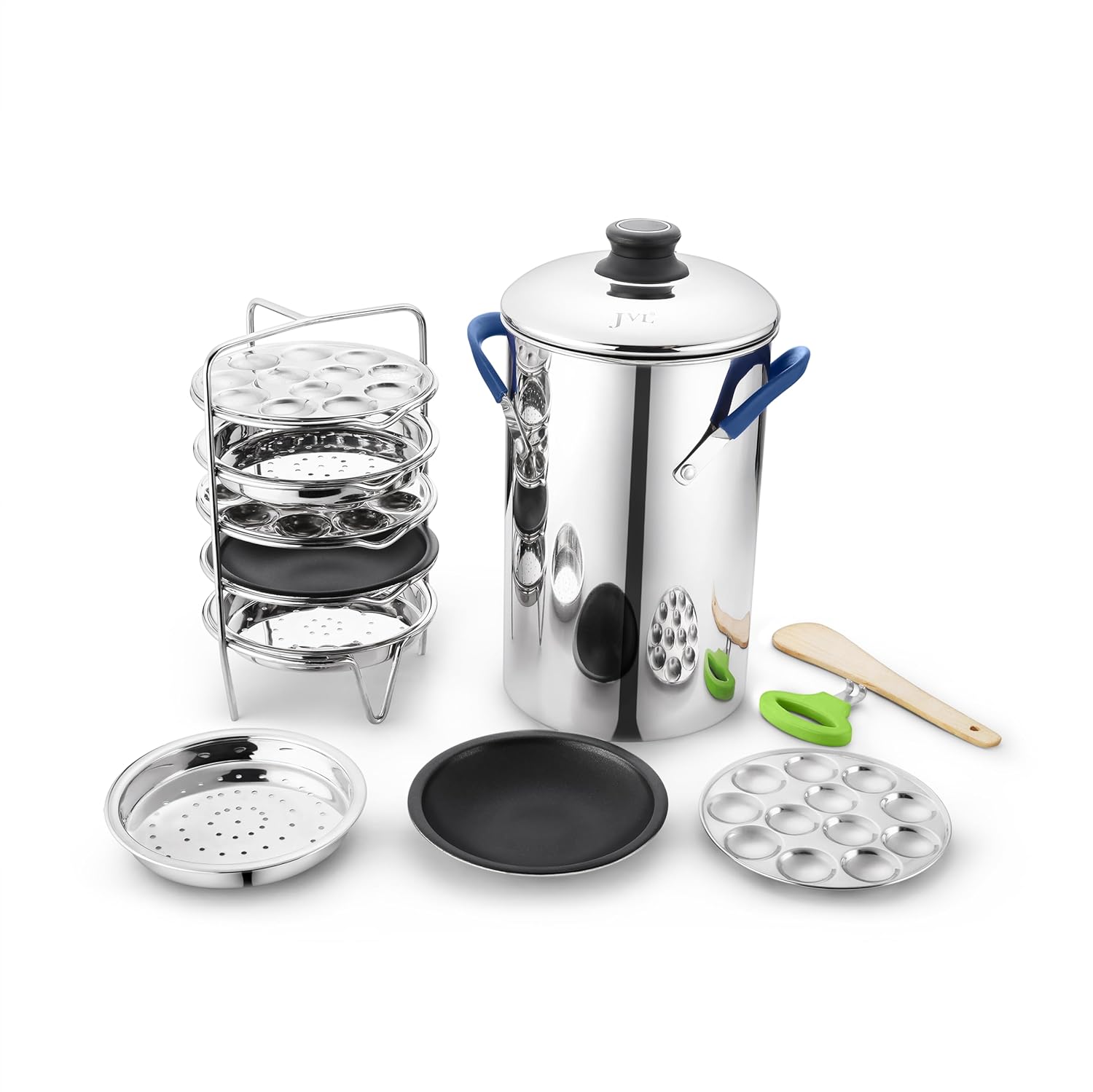JVL Stainless Steel multi purpose Thatte Idly, Idiyappam/Dhokla, and Mini Idly Maker (Full Set) – Includes 1 Idly Cooker, 5 Thatte Idly Plates, 5 Idiyappam/Dhokla Plates, 5 Mini Idly Plates & only 1 single Stand