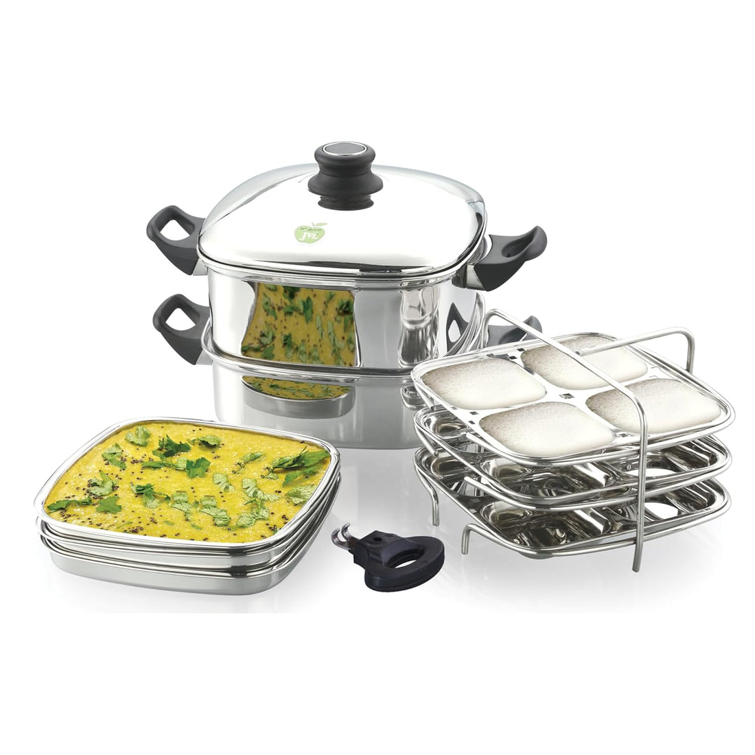 JVL Stainless Steel Square Steamer Combo with Lid, Steamer Section, Bottom Container, Stand, 3 Idli Plates, 3 Dhokla Plates & Lifter 3-Tier Stackable Design for Healthy Steaming – Gas and Induction Compatible & Mirror Finish