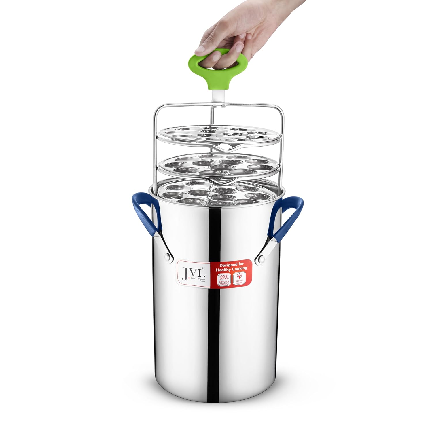 JVL Stainless Steel multi purpose Thatte Idly, Idiyappam/Dhokla, and Mini Idly Maker (Full Set) – Includes 1 Idly Cooker, 5 Thatte Idly Plates, 5 Idiyappam/Dhokla Plates, 5 Mini Idly Plates & only 1 single Stand