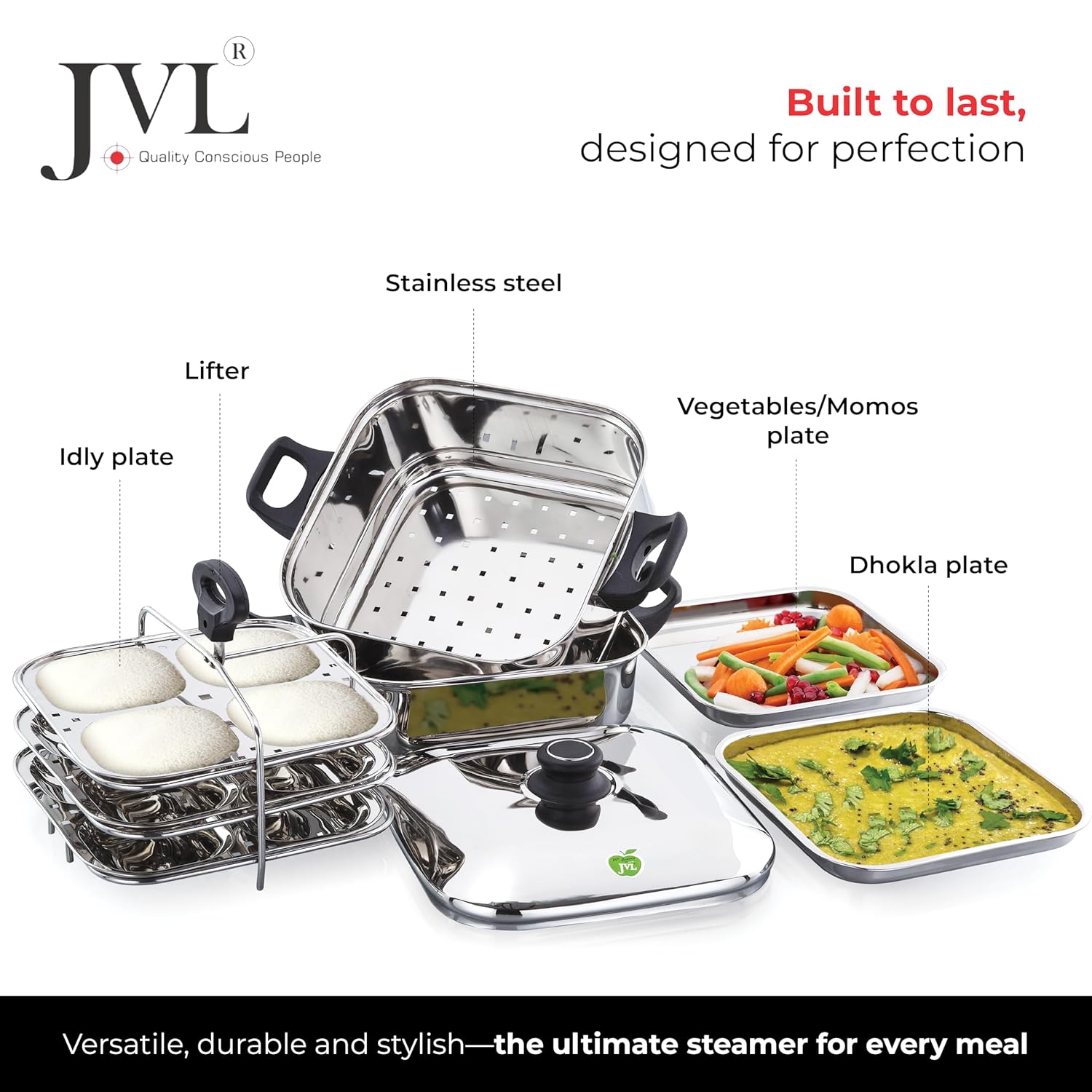 JVL Stainless Steel Square Steamer Combo with Lid, Steamer Section, Bottom Container, Stand, 3 Idli Plates, 3 Dhokla Plates & Lifter 3-Tier Stackable Design for Healthy Steaming – Gas and Induction Compatible & Mirror Finish