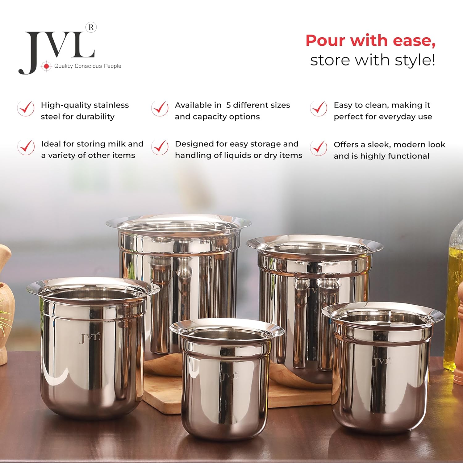 JVL Classicware Stainless Steel Gunj Multi-Purpose Storage & Serving Container with Spill-Free Pouring Mirror Finish Ideal for Milk, Rasam, Juices, Snacks & Cooked Food (3.1 Liters)