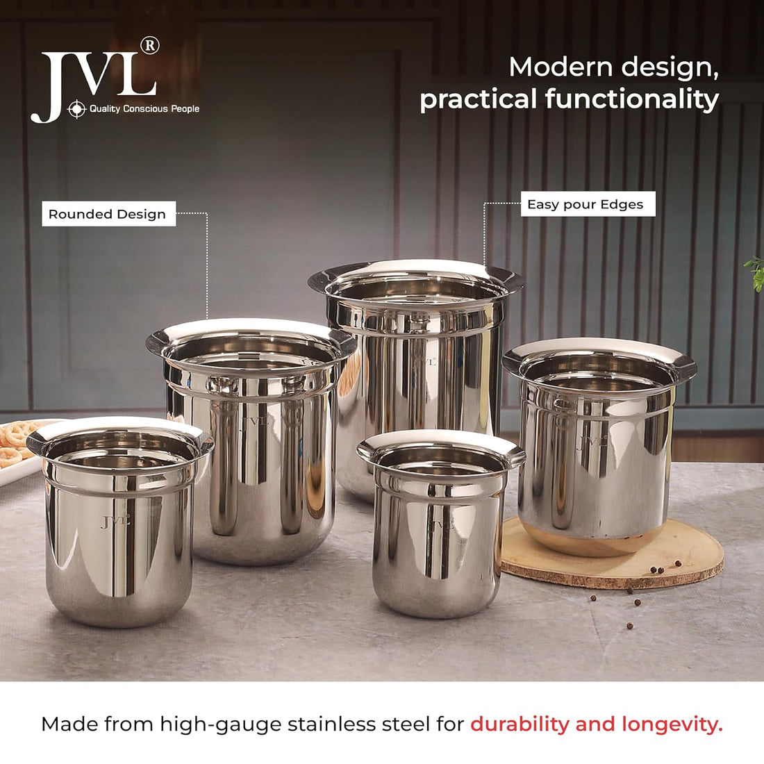 JVL Classicware Stainless Steel Gunj Multi-Purpose Storage & Serving Container with Spill-Free Pouring Mirror Finish Ideal for Milk, Rasam, Juices, Snacks & Cooked Food (3.1 Liters)