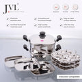 JVL Stainless Steel Square Steamer Combo with Lid, Steamer Section, Bottom Container, Stand, 3 Idli Plates, 3 Dhokla Plates & Lifter 3-Tier Stackable Design for Healthy Steaming – Gas and Induction Compatible & Mirror Finish