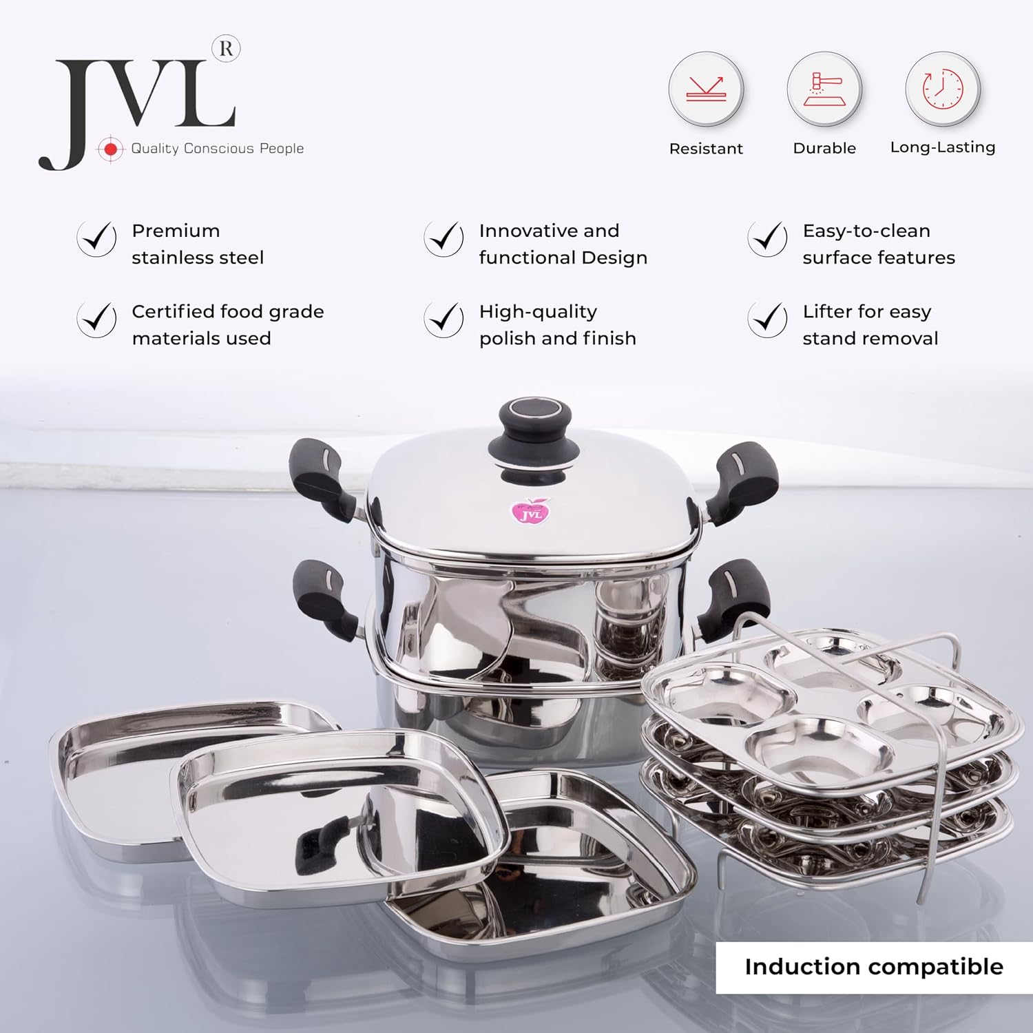 JVL Stainless Steel Square Steamer Combo with Lid, Steamer Section, Bottom Container, Stand, 3 Idli Plates, 3 Dhokla Plates & Lifter 3-Tier Stackable Design for Healthy Steaming – Gas and Induction Compatible & Mirror Finish