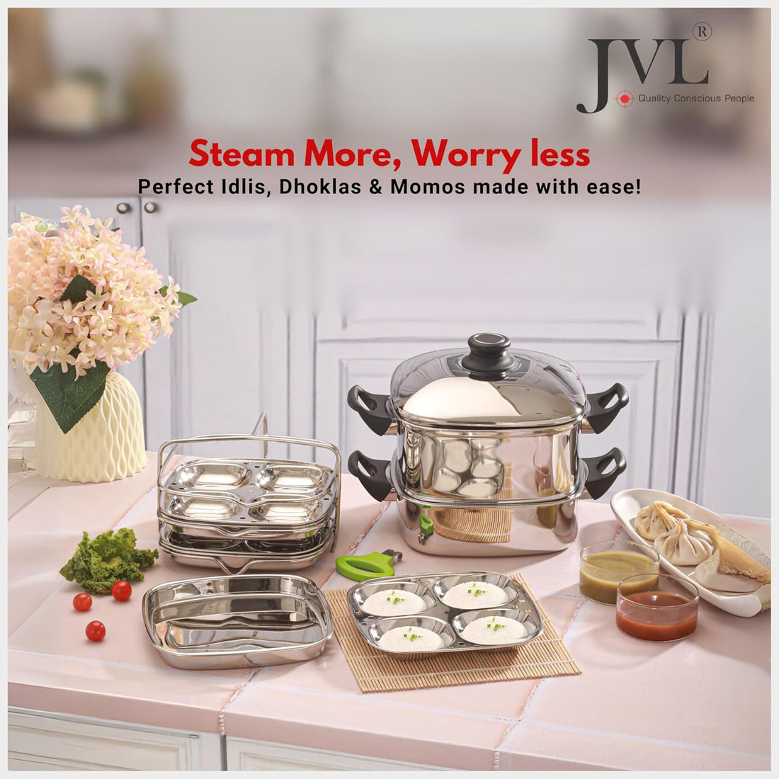 JVL Stainless Steel Square Steamer Combo with Lid, Steamer Section, Bottom Container, Stand, 3 Idli Plates, 3 Dhokla Plates & Lifter 3-Tier Stackable Design for Healthy Steaming – Gas and Induction Compatible & Mirror Finish