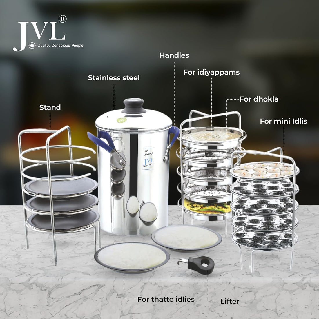 JVL Stainless Steel multi purpose Thatte Idly, Idiyappam/Dhokla, and Mini Idly Maker (Full Set) – Includes 1 Idly Cooker, 5 Thatte Idly Plates, 5 Idiyappam/Dhokla Plates, 5 Mini Idly Plates & only 1 single Stand