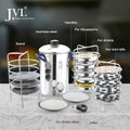 JVL Stainless Steel multi purpose Thatte Idly, Idiyappam/Dhokla, and Mini Idly Maker (Full Set) – Includes 1 Idly Cooker, 5 Thatte Idly Plates, 5 Idiyappam/Dhokla Plates, 5 Mini Idly Plates & only 1 single Stand